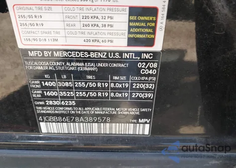 2008 Mercedes-Benz Ml 350 4Matic из США, поврежденный, VIN 4JGBB86E78A389578